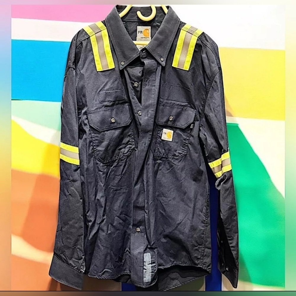 FR Reflective Carhartt navy blue long sleeve button down MEDIUM